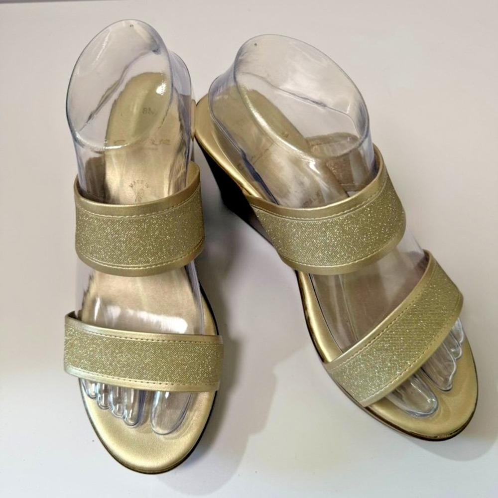 Contesa Italy Gold Glitter Wedge Slide Sandals Womens 8M Two Strap Slip On Mules